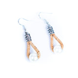 natural cork cord and plastic pearls handmade earrings-ER-185-MIX-5