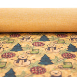 Natural cork Fabric Collection Christmas Snowman, ski boots, christmas tree pattern COF-330 - CORKADIA