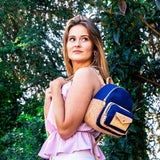 Blue backpack for women and men made from eco-friendly cork leather material