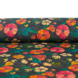 Natural Cork Fabric With Flower Print On Black Background Cof-474 Cork Fabric