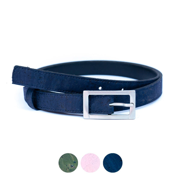 blue cork leather belt with large silver buckle