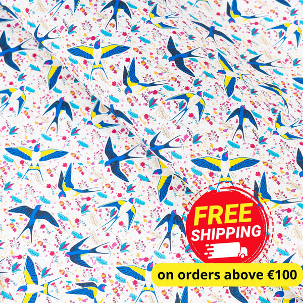 Swallow & Flowers Cork Fabric – Spring Pattern Vegan Material