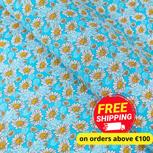 Blue Daisy Cork Fabric – Bright Floral Vegan Cork Material