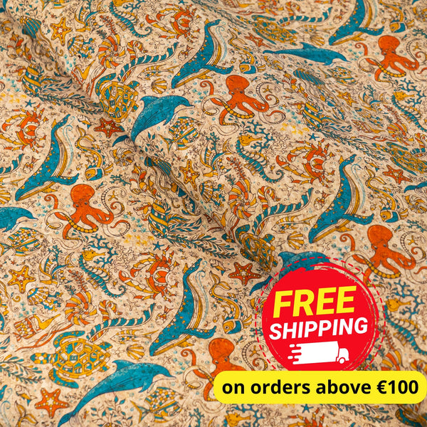 Under the Sea Cork Fabric – Marine Print Vegan Material