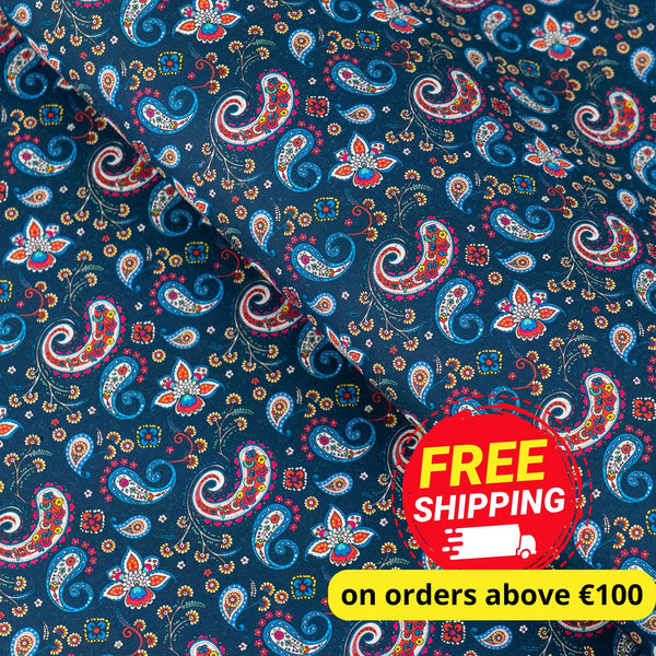 Dark Blue Paisley Cork Fabric – Sustainable Boho Material for Crafts & Design