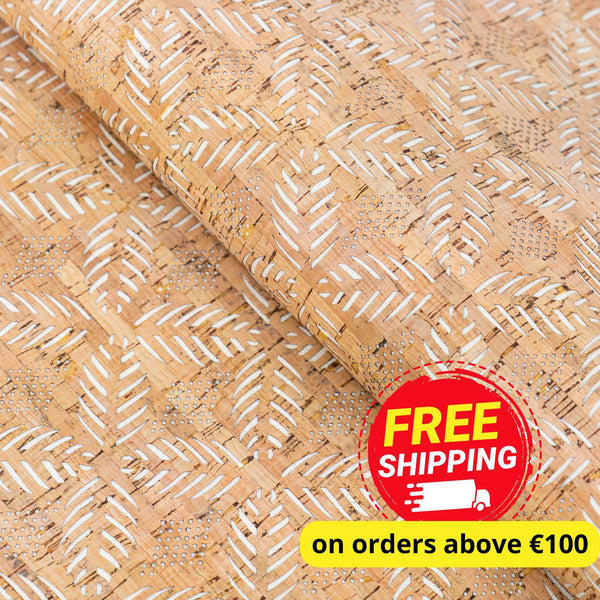 Natural Cork Fabric with White Geometric Pattern – Vegan Designer Material