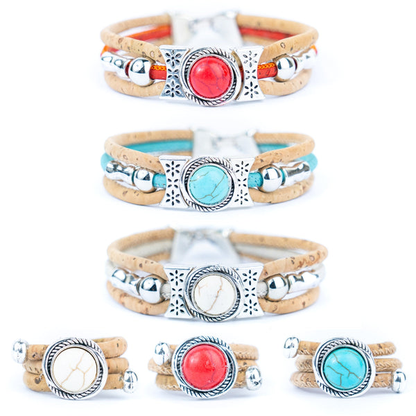 Handmade Cork Bracelet & Ring Set – Vintage Stone Inlay