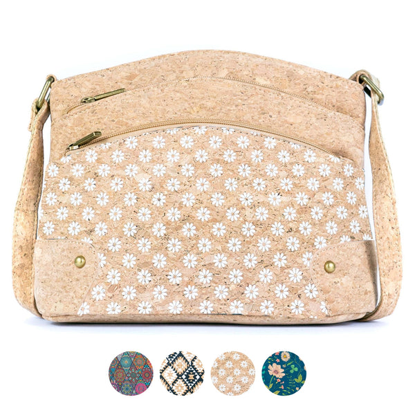 Three-Line Zipper Women’s Cork Crossbody Bag – Floral & Tile Pattern