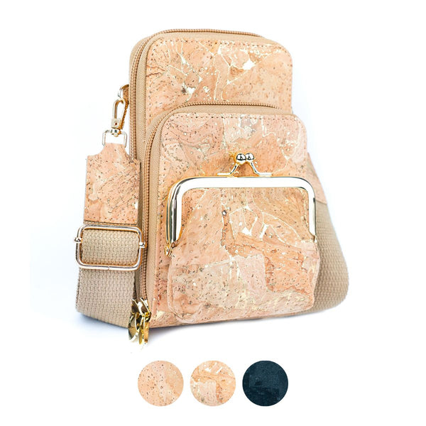 stylish cork leather phone bag with wide strap and gold fittings