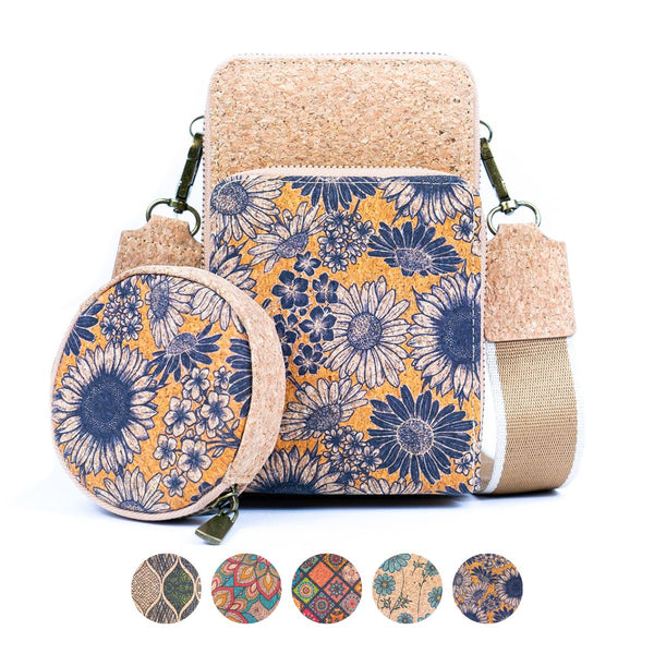 Cork leather phone case with adjustable strap and floral pattern