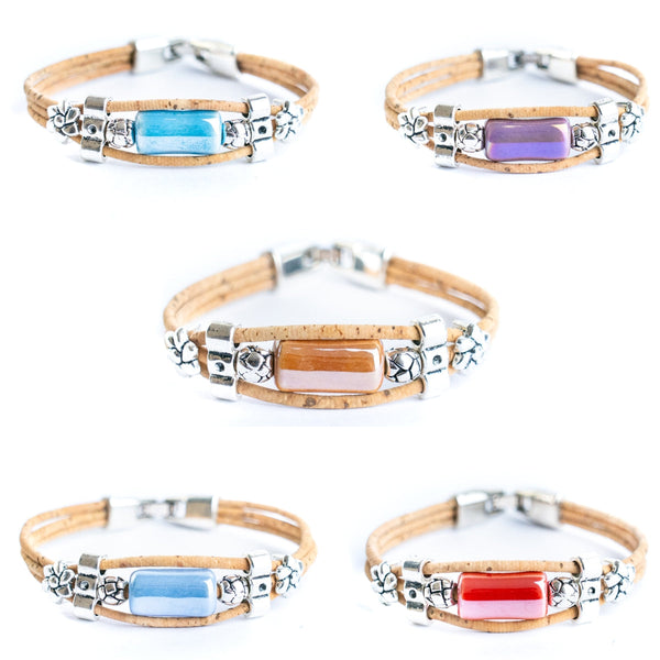 2mm Natural Cork Bracelet with Ceramic Long Beads – Handmade Eco-Friendly Accessory