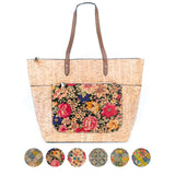 Natural Cork and Printed Cork Blend Tote Bag with PU Handles