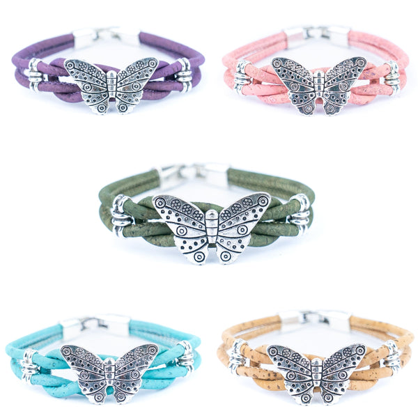 Butterfly Cork Bracelet – Handmade 3mm Portuguese Natural Cork Wire with Vintage Alloy Butterfly