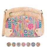 Three-Line Zipper Cork Crossbody Bag – Handmade Vegan Bag with Floral and Tile Designs