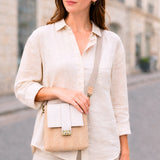 Natural Cork Crossbody Bag with White Flap & Cat Clasp