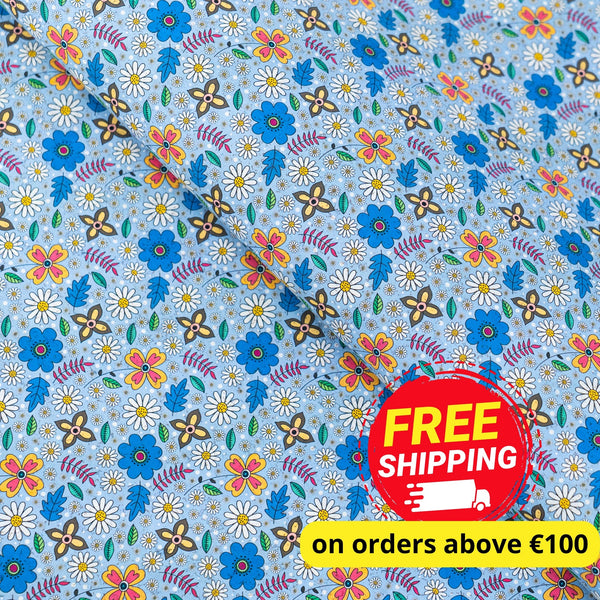 Blue Floral Cork Fabric – Sustainable Vegan Material for Bags, Crafts & Décor