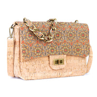 Women's Cork Shoulder Bag with Chain Accent & Button Closure