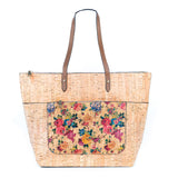 Natural Cork and Printed Cork Blend Tote Bag with PU Handles