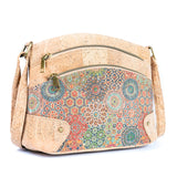 Floral Cork Crossbody Bag: Triple Zipper Design