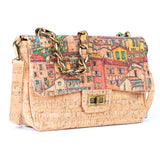 Women's Cork Shoulder Bag with Chain Accent & Button Closure