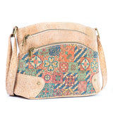 Floral Cork Crossbody Bag: Triple Zipper Design