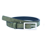 green cork leather belt with silver buckle