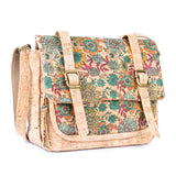 Eco-friendly cork crossbody bag with adjustable strap, floral and geometric designs.