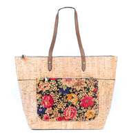 Natural Cork and Printed Cork Blend Tote Bag with PU Handles