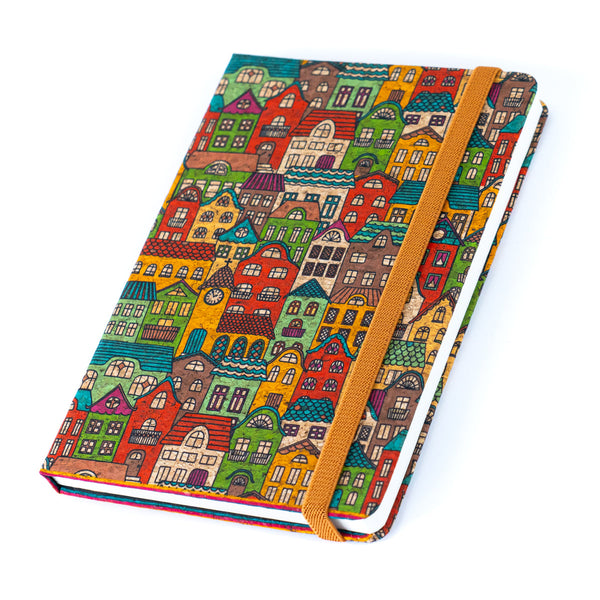 Sustainable printed cork journal with lined pages and ribbon bookmark.