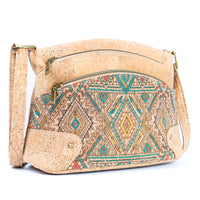 Floral Cork Crossbody Bag: Triple Zipper Design