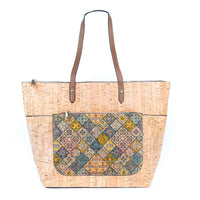 Natural Cork and Printed Cork Blend Tote Bag with PU Handles