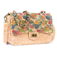 Women's Cork Shoulder Bag with Chain Accent & Button Closure