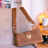 Chic Cork Crossbody Bag with Gold Clasp & Adjustable Cotton Strap