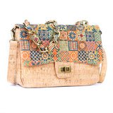 Women's Cork Shoulder Bag with Chain Accent & Button Closure