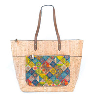 Natural Cork and Printed Cork Blend Tote Bag with PU Handles