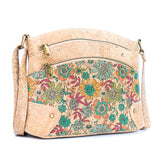 Floral Cork Crossbody Bag: Triple Zipper Design