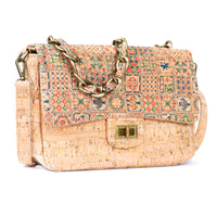 Women's Cork Shoulder Bag with Chain Accent & Button Closure