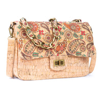 Women's Cork Shoulder Bag with Chain Accent & Button Closure