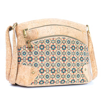 Floral Cork Crossbody Bag: Triple Zipper Design