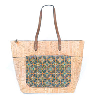 Natural Cork and Printed Cork Blend Tote Bag with PU Handles