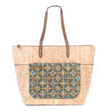 Natural Cork and Printed Cork Blend Tote Bag with PU Handles