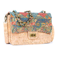 Women's Cork Shoulder Bag with Chain Accent & Button Closure