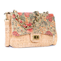 Women's Cork Shoulder Bag with Chain Accent & Button Closure