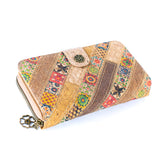 Patchwork-Stitched Printed Cork Long Wallet