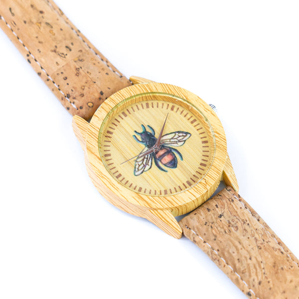 Eco-friendly women's watch with bee motif and natural cork strap.