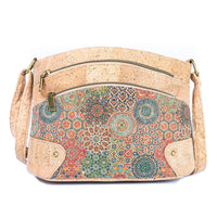 Floral Cork Crossbody Bag: Triple Zipper Design