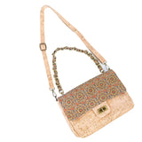 Women's Cork Shoulder Bag with Chain Accent & Button Closure