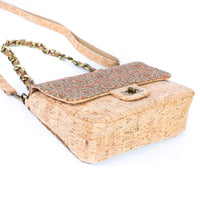 Women's Cork Shoulder Bag with Chain Accent & Button Closure