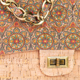 Women's Cork Shoulder Bag with Chain Accent & Button Closure