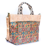 Natural Cork Tote with Printed Design and Cotton Woven Handles BAGF-087